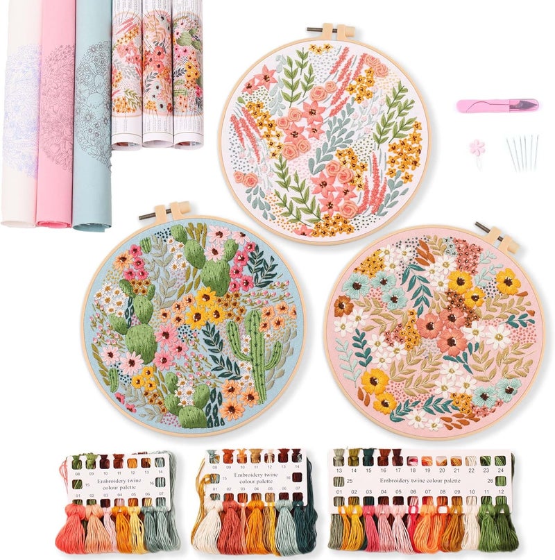 REEWISLY 3 pcs Embroidery Starter kit with Patterns and Instructions, DIY Adult Cross Stitch Kits Beginner, Including 3 Plastic Embroidery Rings, 1 Scissors, Colored Threads and Needles - Image 1